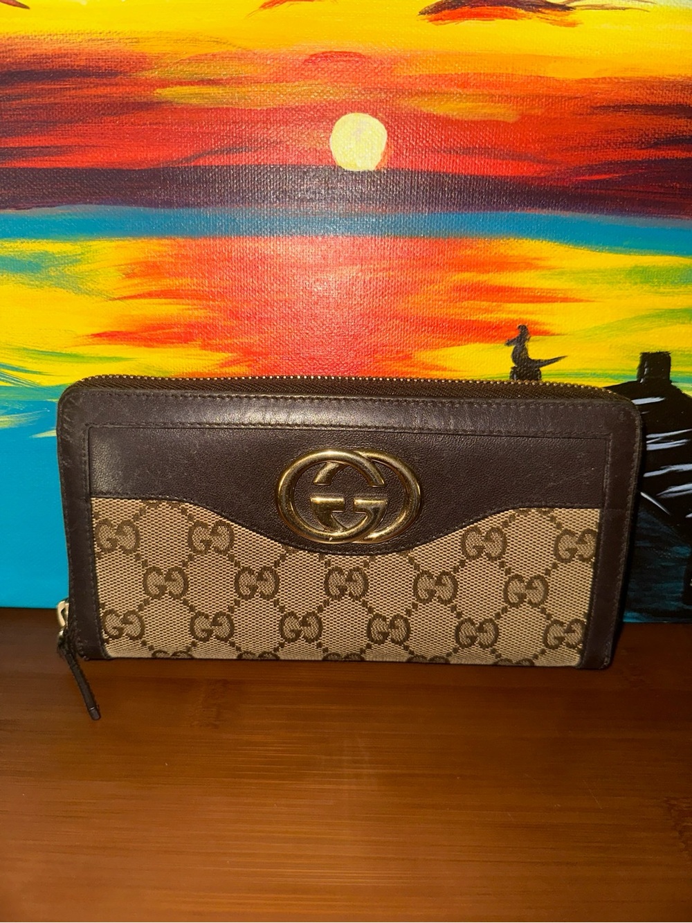 Gucci Beige Brown GG Canvas Zip Wallet with Gold Logo